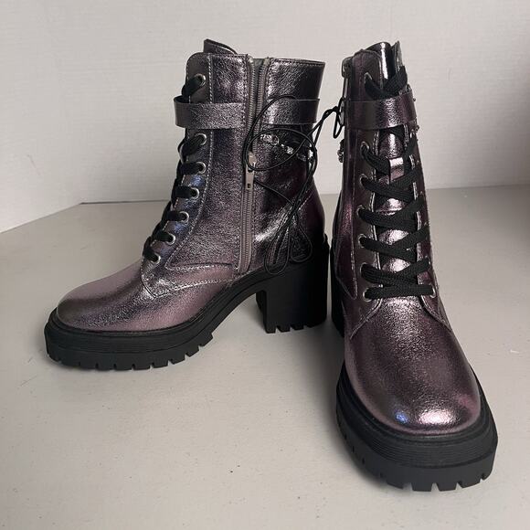 Pop Combat Boots Metallic Purple Lug Sole Heeled Lace Up Chain Punk Size 7 $90 - Picture 4 of 14